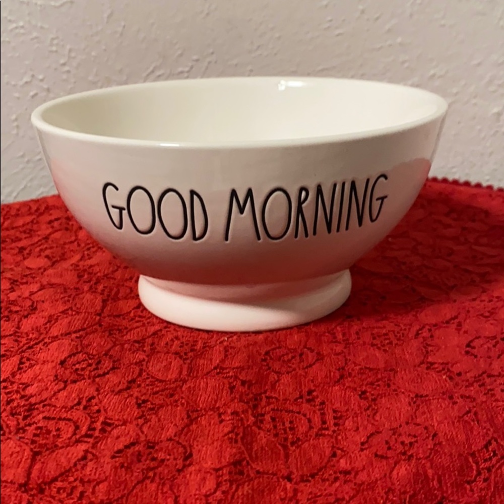 Rae Dunn cereal bowl with “Good Morning” text